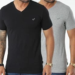 Nouveau ⭐ Tee 👕 Shirts Col V Gift Gris Chiné Noir de Kaporal 🥰